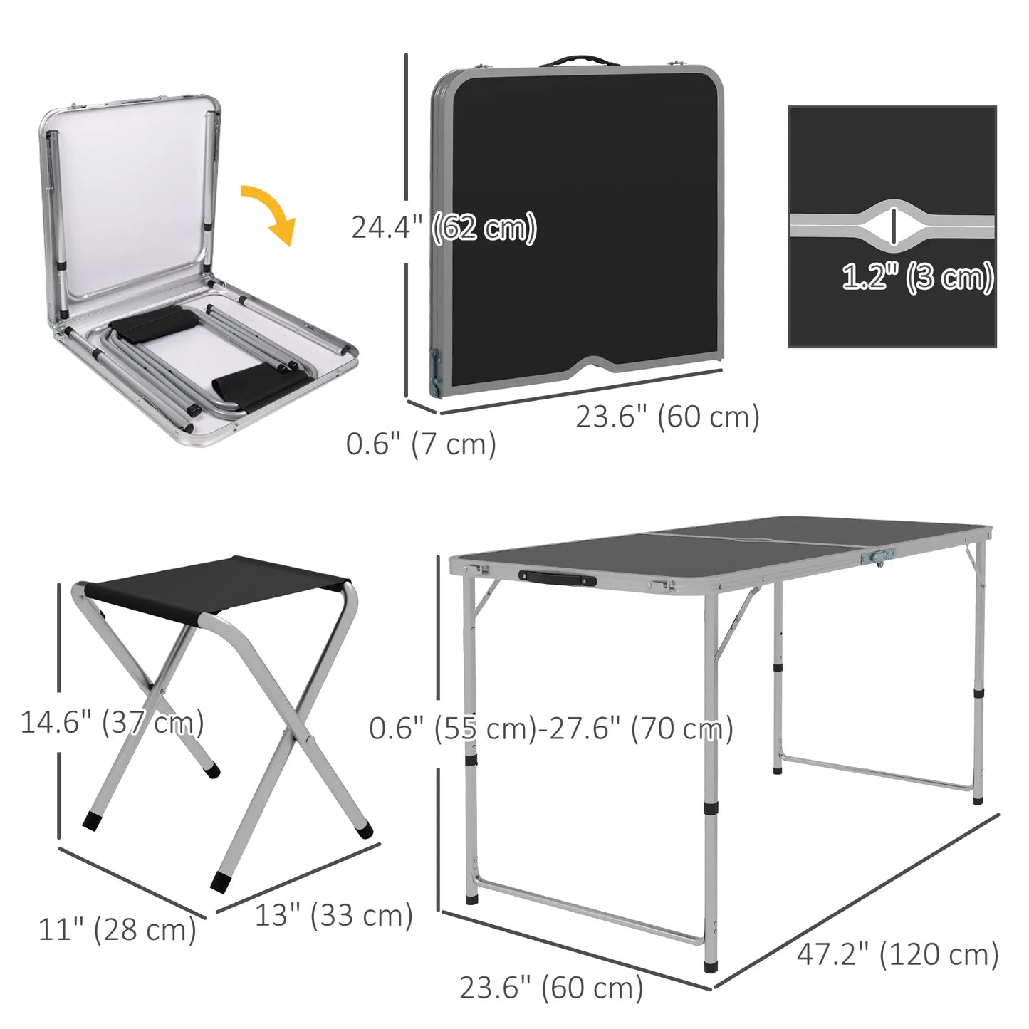 Folding Picnic Table With Chairs, 47.2" L x 23.6" W x 21.7"-27.6" H, Black Picnic Tables & Camping Chairs at Gallery Canada