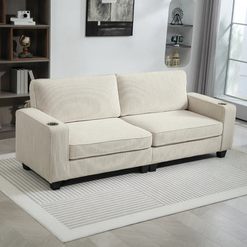 Three Seater Sofa, Fabric Couch with Spring Cushion, Cream White