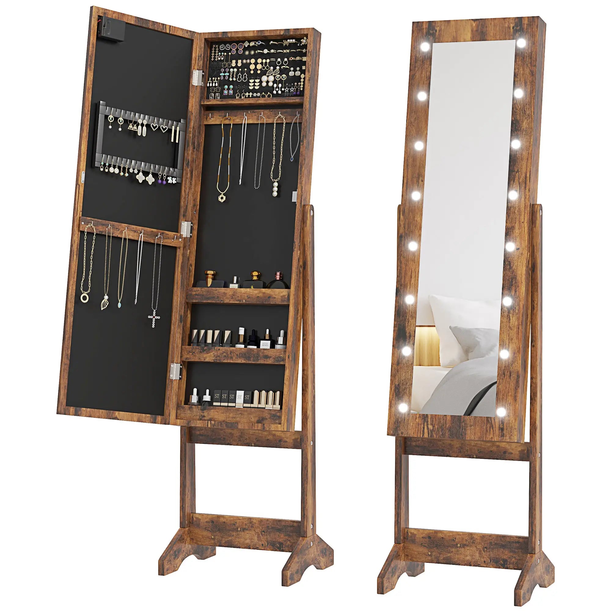 Free Standing Armoire Organizer, Lighted Mirrored Jewelry Cabinet, Angle Adjustable, 16 LED Lights, Rustic Brown, Brown Jewelry Armoire & Jewellery Mirror Cabinets at Gallery Canada
