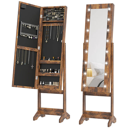 Free Standing Armoire Organizer, Lighted Mirrored Jewelry Cabinet, Angle Adjustable, 16 LED Lights, Rustic Brown, Brown Jewelry Armoire & Jewellery Mirror Cabinets at Gallery Canada
