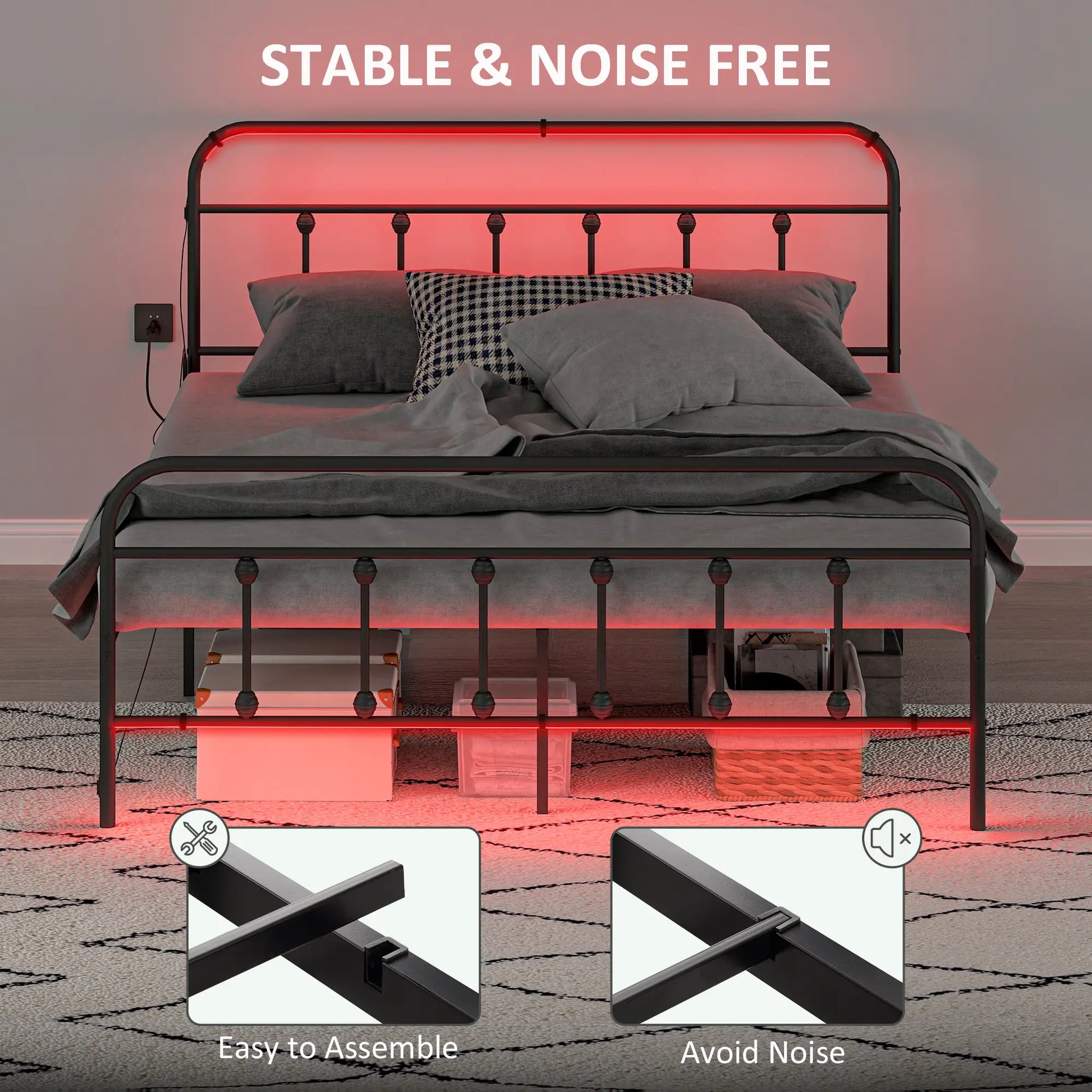 Queen Bed Frame With LED Lights, Charging Station, Under Bed Storage, Black Bed Frames at Gallery Canada