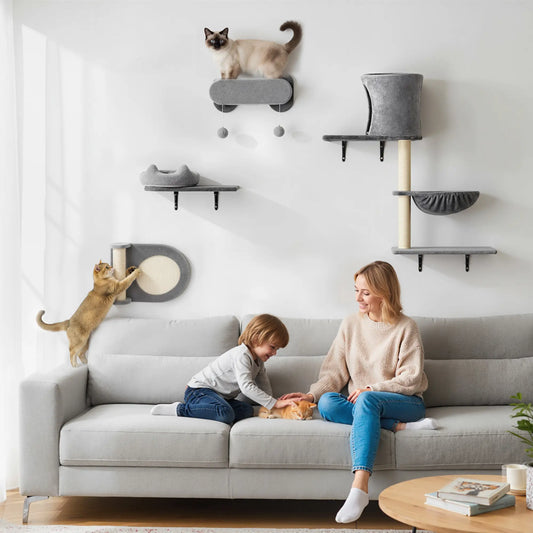 4Pcs Cat Wall Shelves with Scratching Post, Pad, Hammock, Bed Cat Climbing Wall Grey, Black, Beige at Gallery Canada