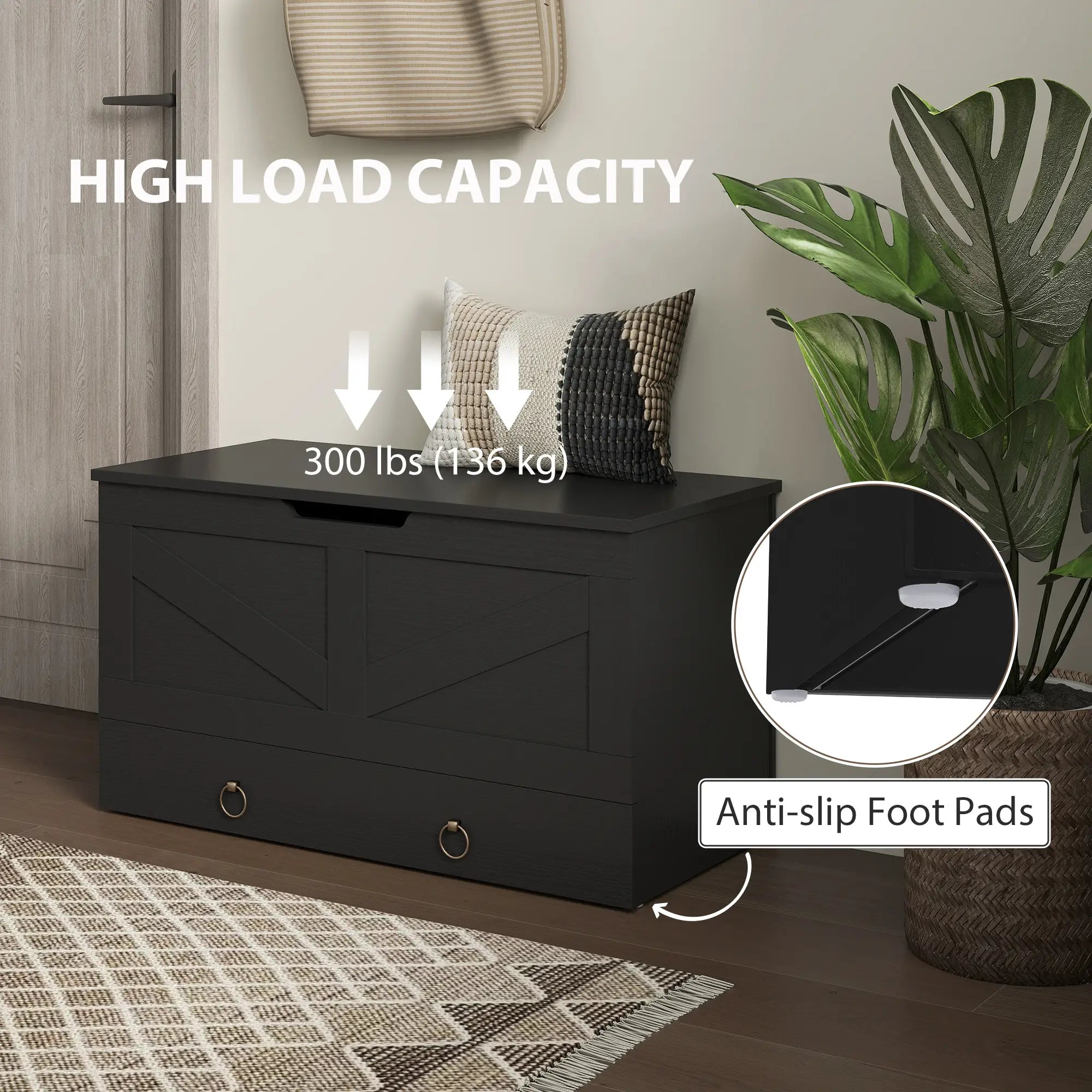 31.5 Inches Storage Chest, Wooden Box, Black Wood Grain, Black Storage Cabinets at Gallery Canada