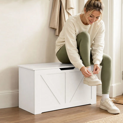 31.5 Inches Storage Chest with Safety Hinge, Wood Grain, White