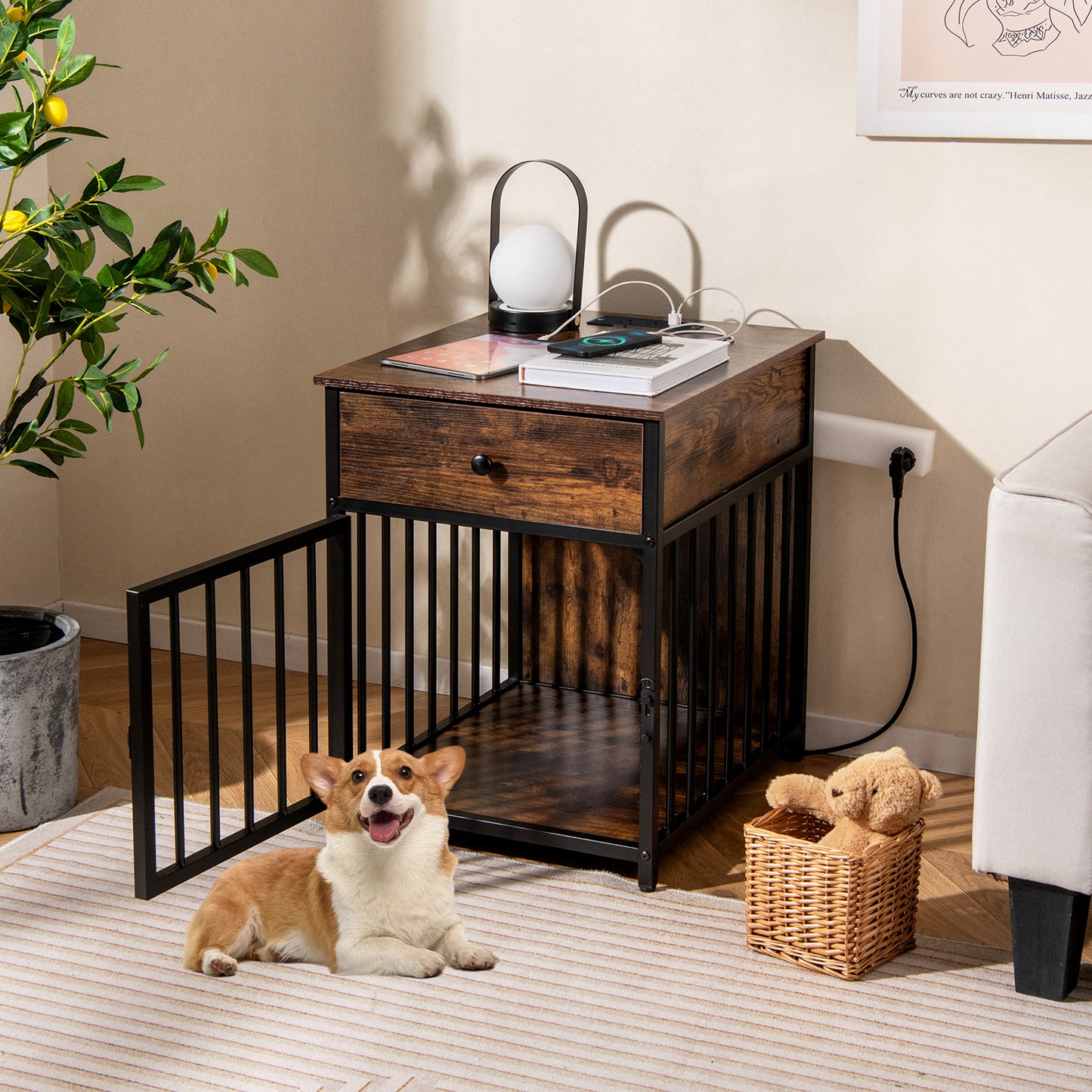 Dog Crate Furniture for Small Dogs Wooden Puppy Kennel with Charging Station, Rustic Brown Dog Kennels at Gallery Canada