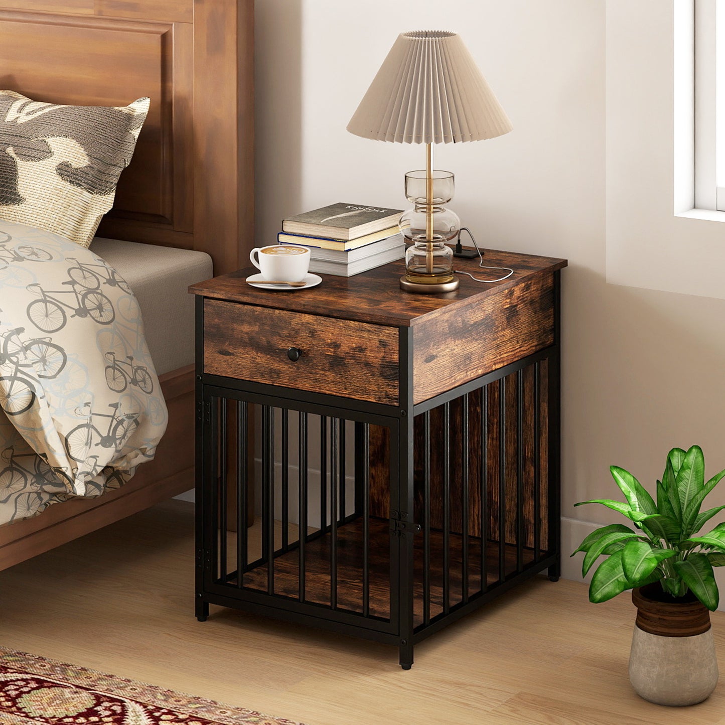 Dog Crate Furniture for Small Dogs Wooden Puppy Kennel with Charging Station, Rustic Brown Dog Kennels at Gallery Canada
