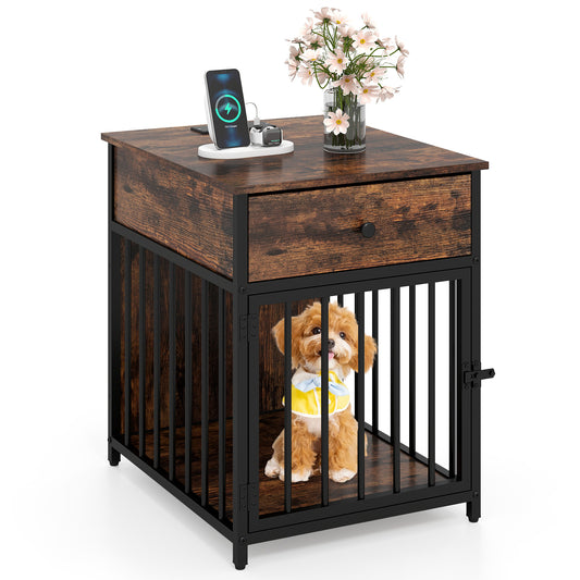 Dog Crate Furniture for Small Dogs Wooden Puppy Kennel with Charging Station, Rustic Brown
