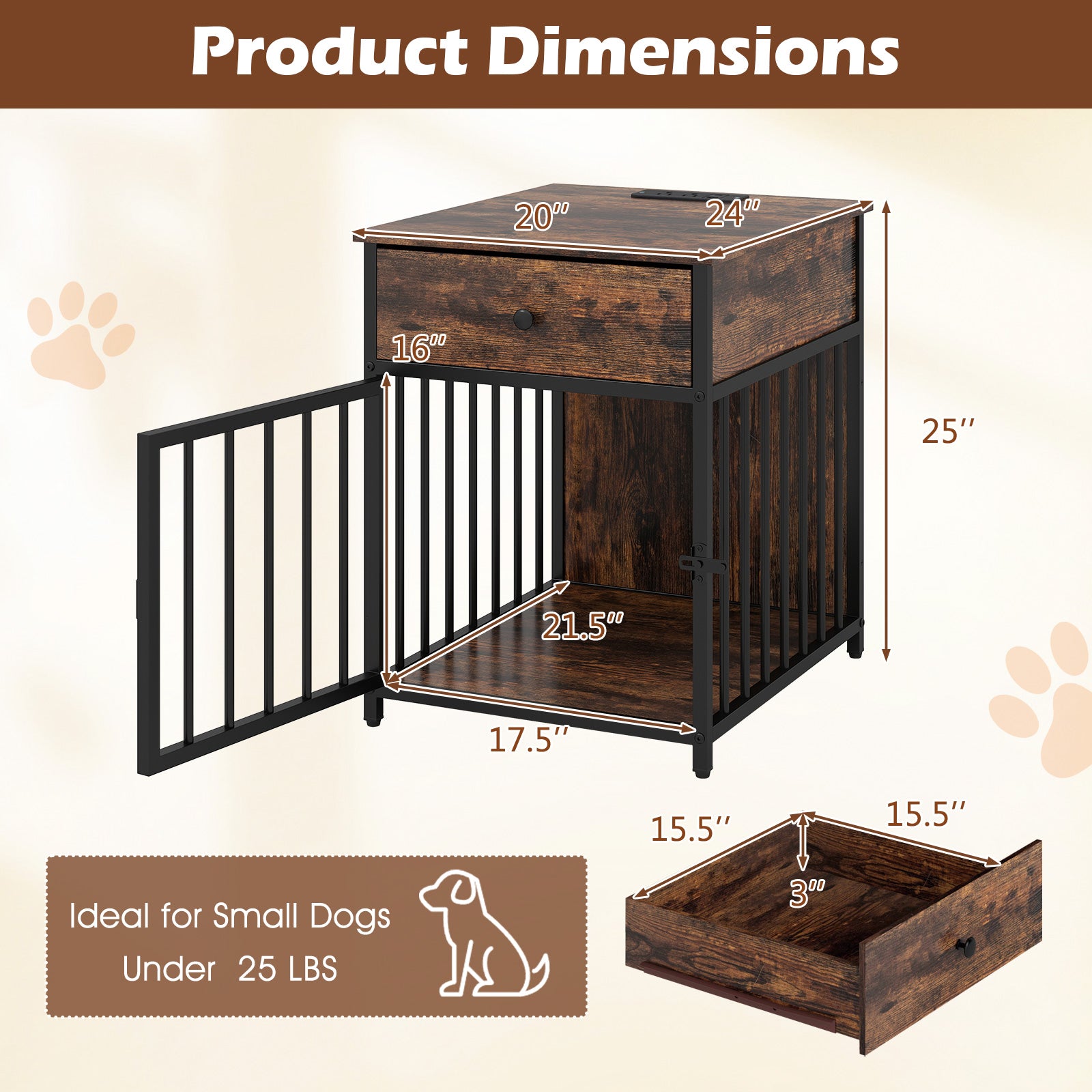 Dog Crate Furniture for Small Dogs Wooden Puppy Kennel with Charging Station, Rustic Brown Dog Kennels at Gallery Canada