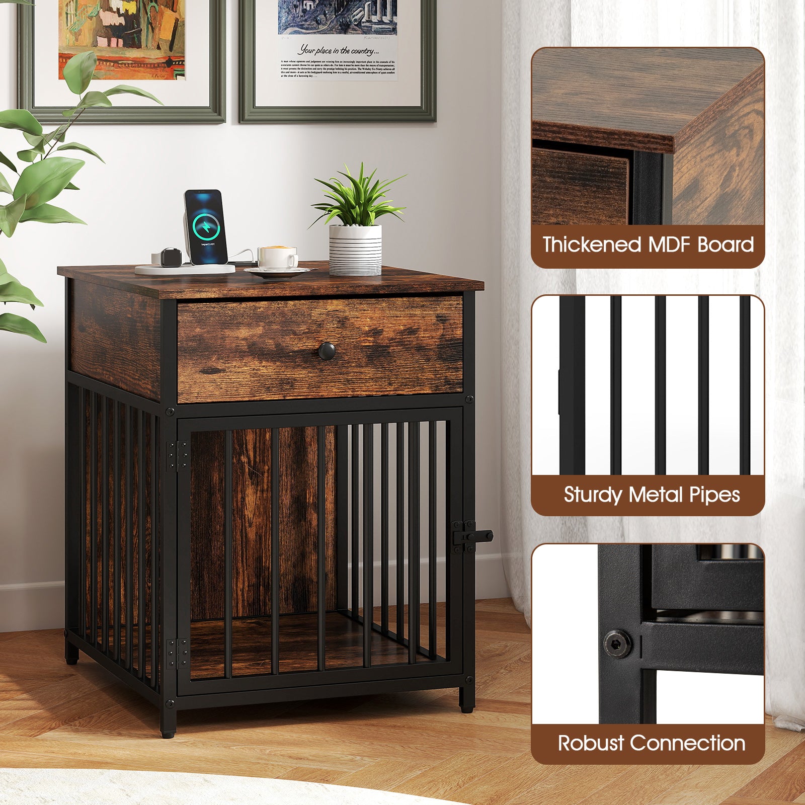 Dog Crate Furniture for Small Dogs Wooden Puppy Kennel with Charging Station, Rustic Brown Dog Kennels at Gallery Canada