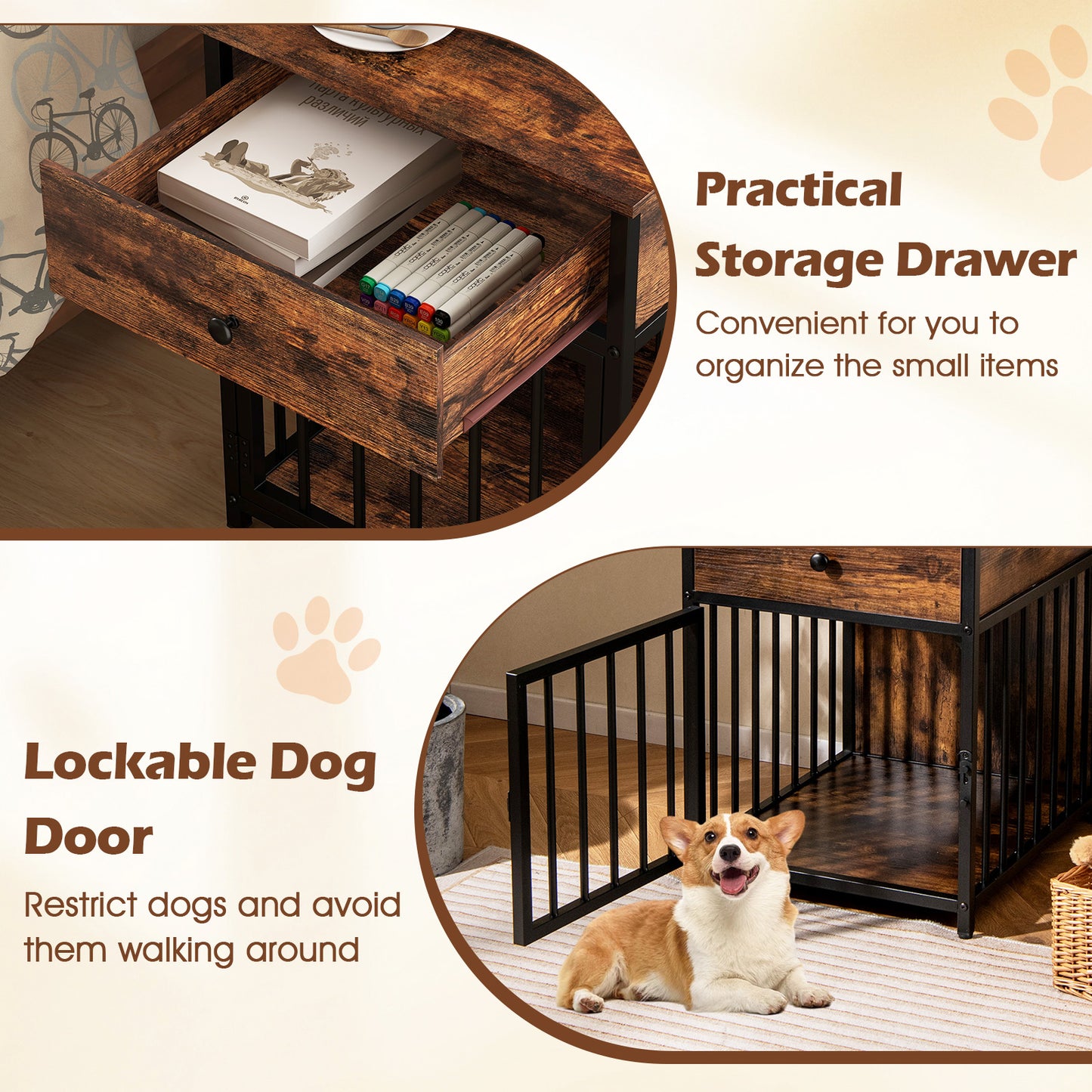 Dog Crate Furniture for Small Dogs Wooden Puppy Kennel with Charging Station, Rustic Brown Dog Kennels at Gallery Canada