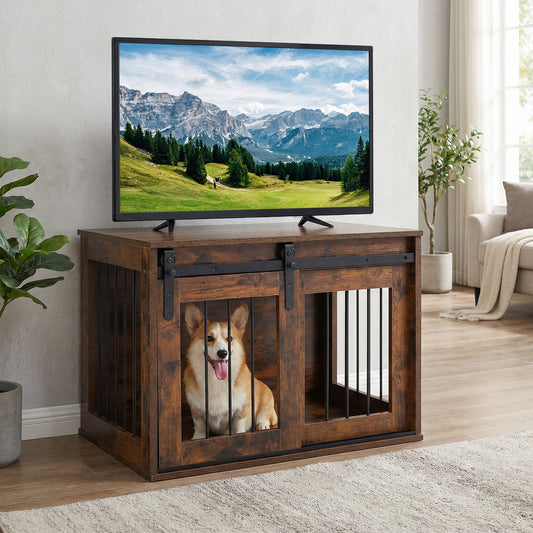 Heavy Duty Dog Crate Furniture, Sliding Barn Door, Brown Dog Kennels Rustic Brown at Gallery Canada