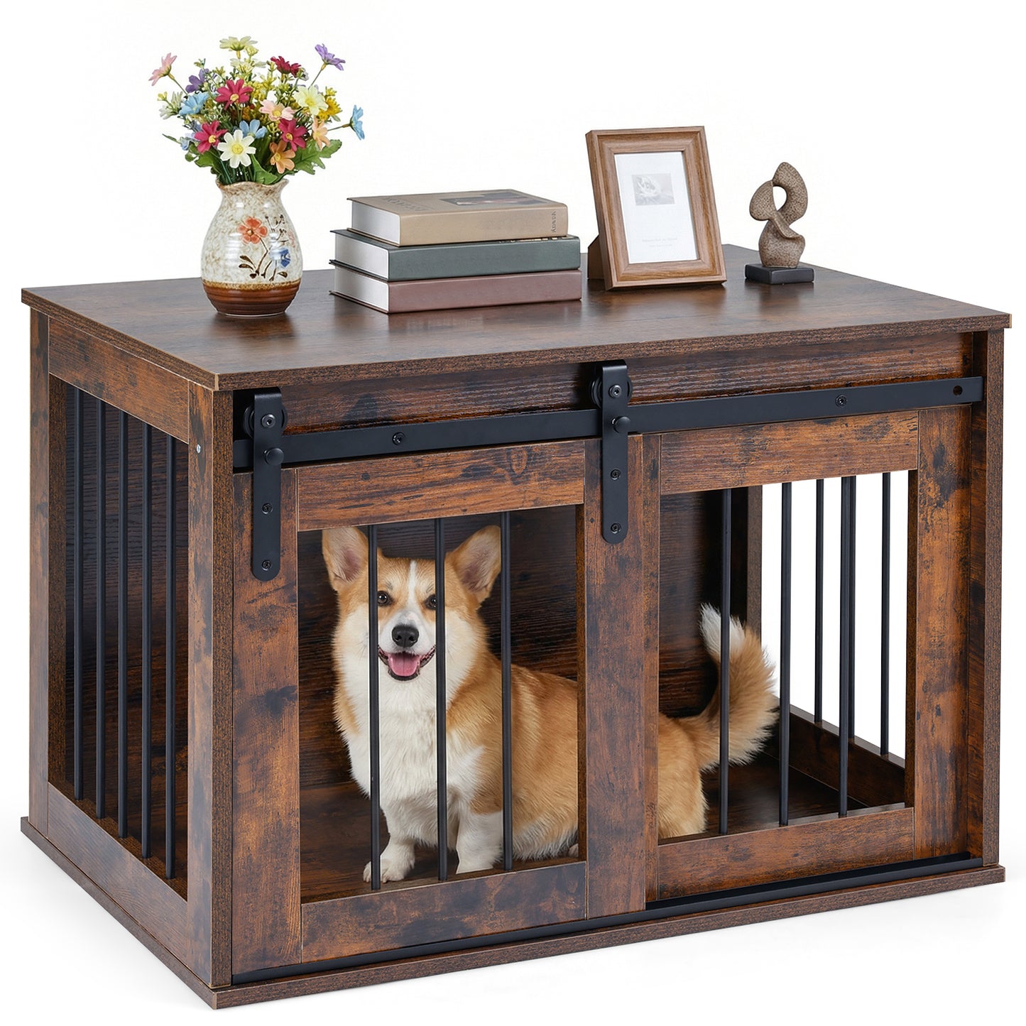 Heavy Duty Dog Crate Furniture, Sliding Barn Door, Brown Dog Kennels Rustic Brown at Gallery Canada