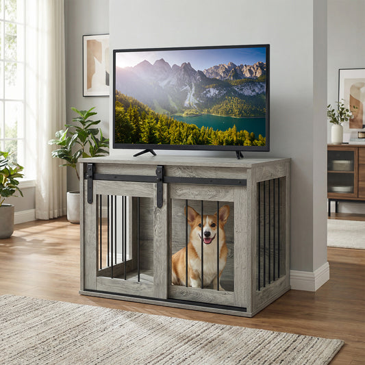 Heavy Duty Dog Crate Furniture, Sliding Barn Door, Gray Dog Kennels Gray at Gallery Canada