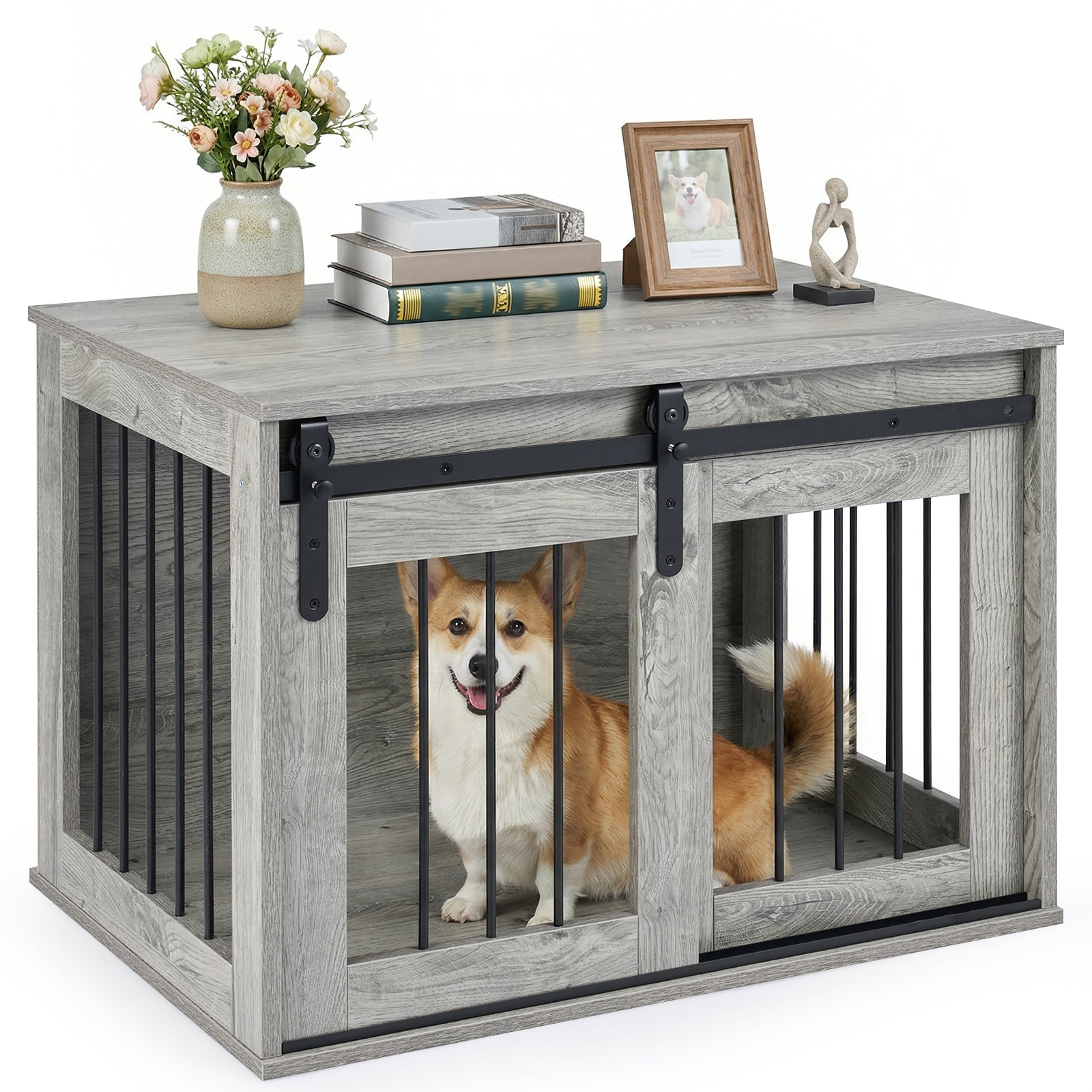 Heavy Duty Dog Crate Furniture, Sliding Barn Door, Gray Dog Kennels Gray at Gallery Canada