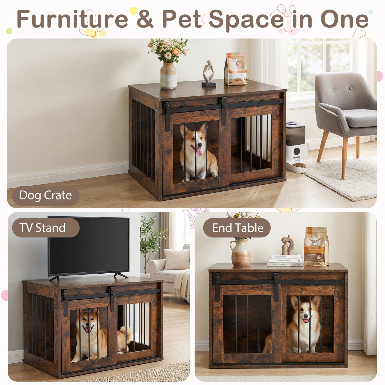 Heavy Duty Dog Crate Furniture, Sliding Barn Door, Brown Dog Kennels at Gallery Canada