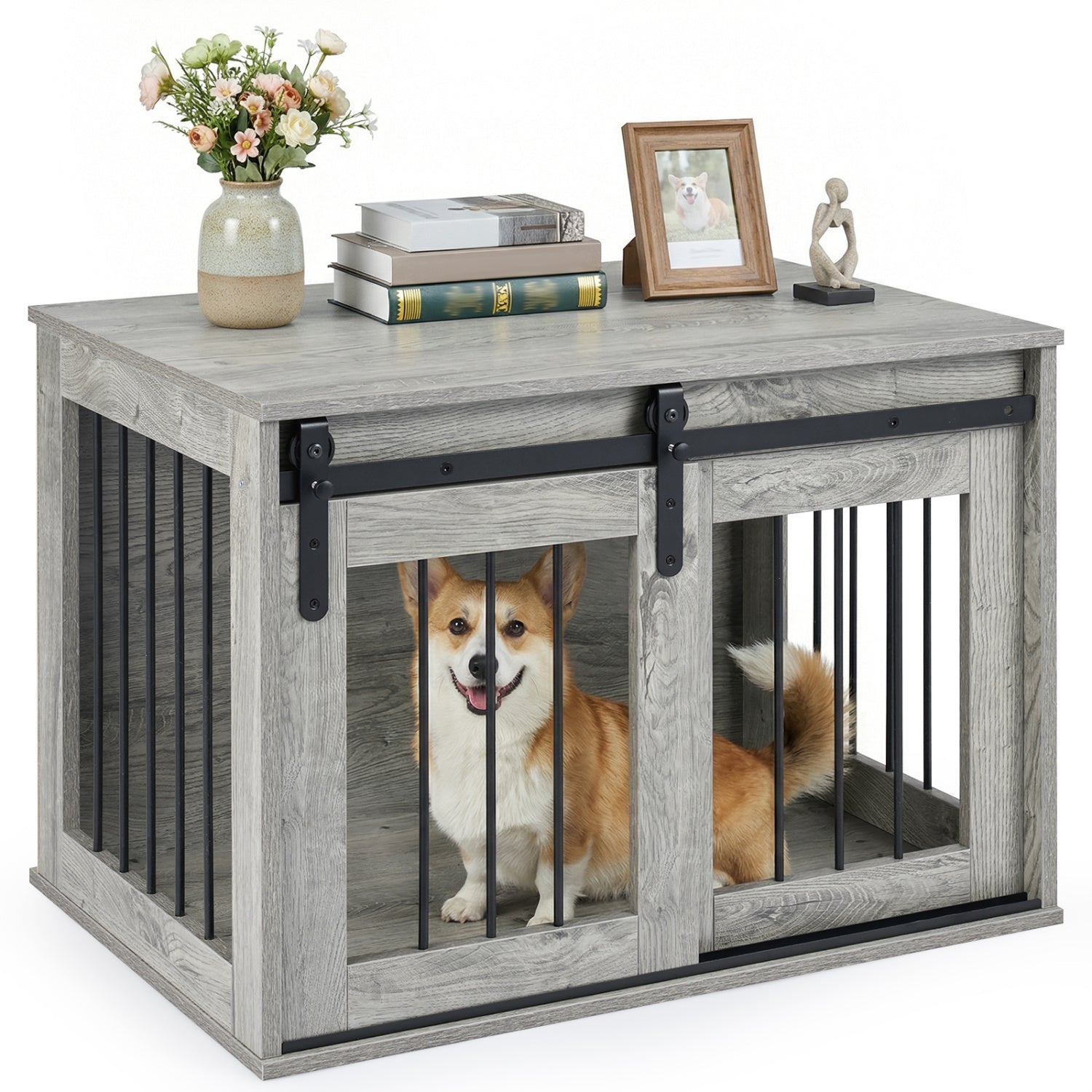 Heavy Duty Dog Crate Furniture, Sliding Barn Door, Gray Dog Kennels Gray at Gallery Canada