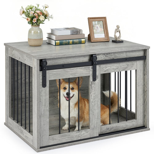 Heavy Duty Dog Crate Furniture, Sliding Barn Door, Gray
