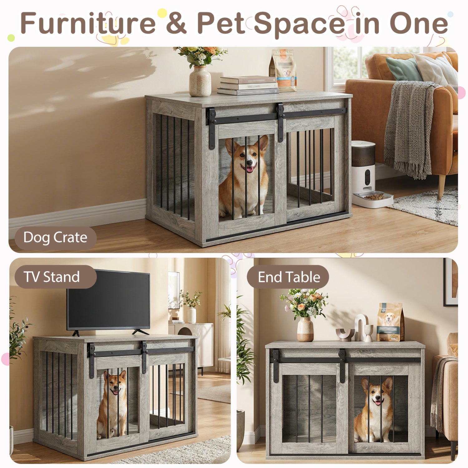 Heavy Duty Dog Crate Furniture, Sliding Barn Door, Gray Dog Kennels at Gallery Canada