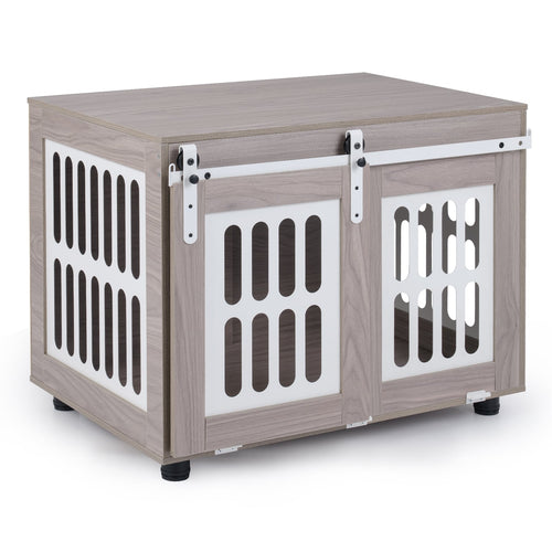 Small Medium Dog Crate Furniture, Sliding Barn Door, Gray