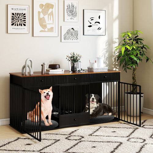 Modern Indoor Dog Crate Furniture, 3 Drawers, Pull-Out Feeder, Black