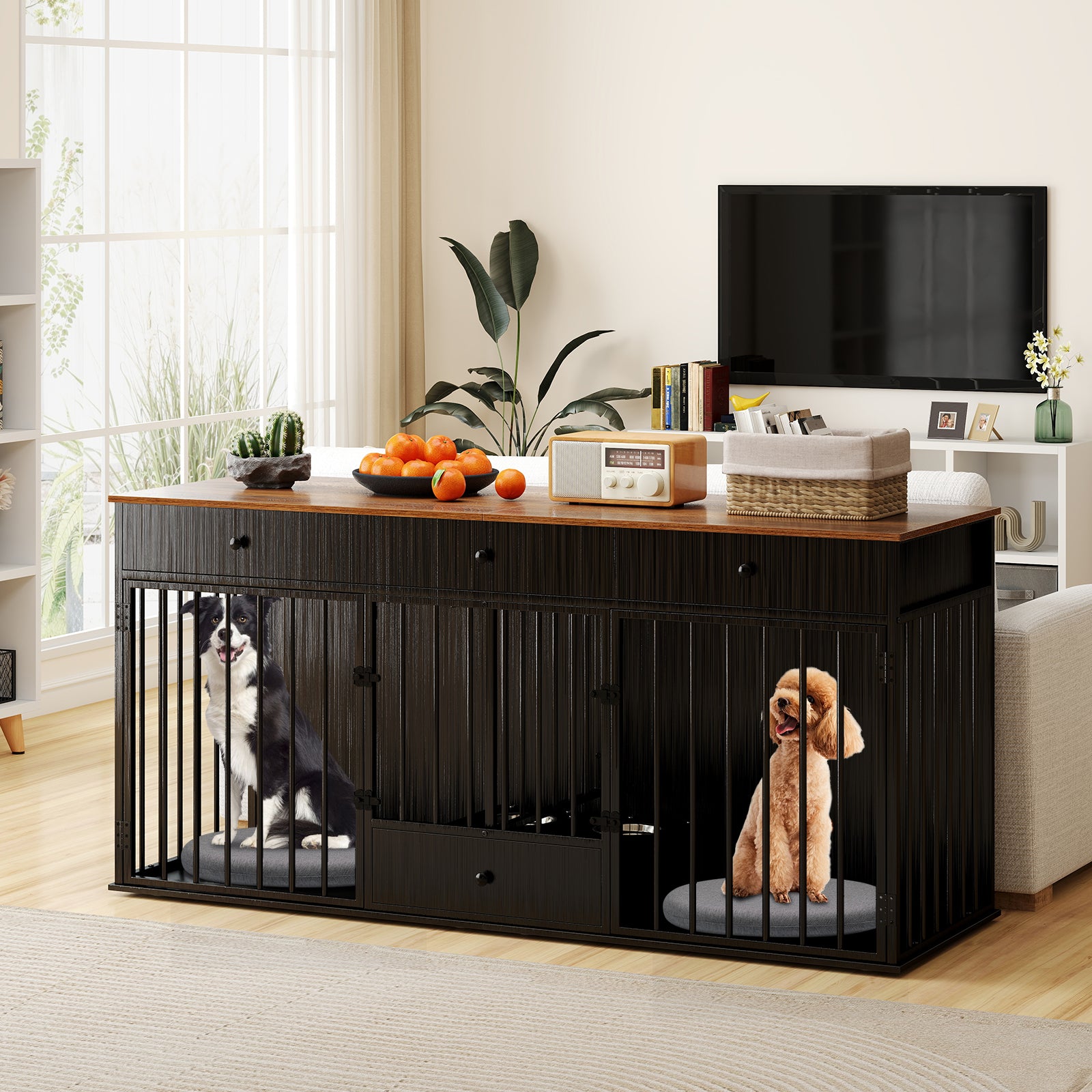 Modern Indoor Dog Crate Furniture, 3 Drawers, Pull-Out Feeder, Black Dog Kennels at Gallery Canada