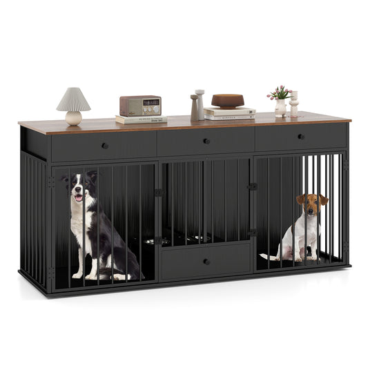 Modern Indoor Dog Crate Furniture, 3 Drawers, Pull-Out Feeder, Black Dog Kennels Black at Gallery Canada