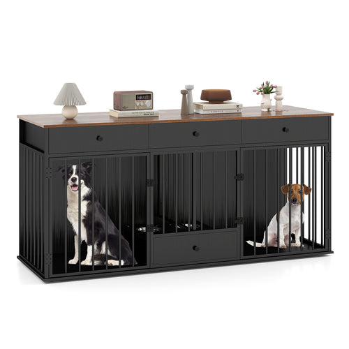 Modern Indoor Dog Crate Furniture, 3 Drawers, Pull-Out Feeder, Black