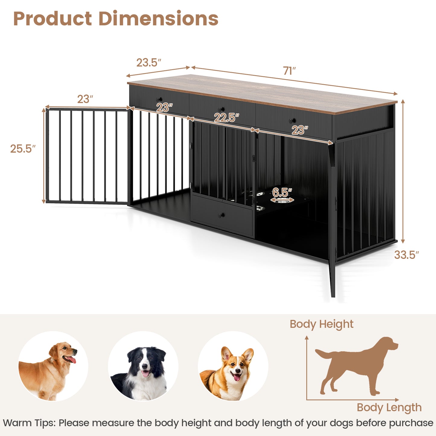 Modern Indoor Dog Crate Furniture, 3 Drawers, Pull-Out Feeder, Black Dog Kennels at Gallery Canada