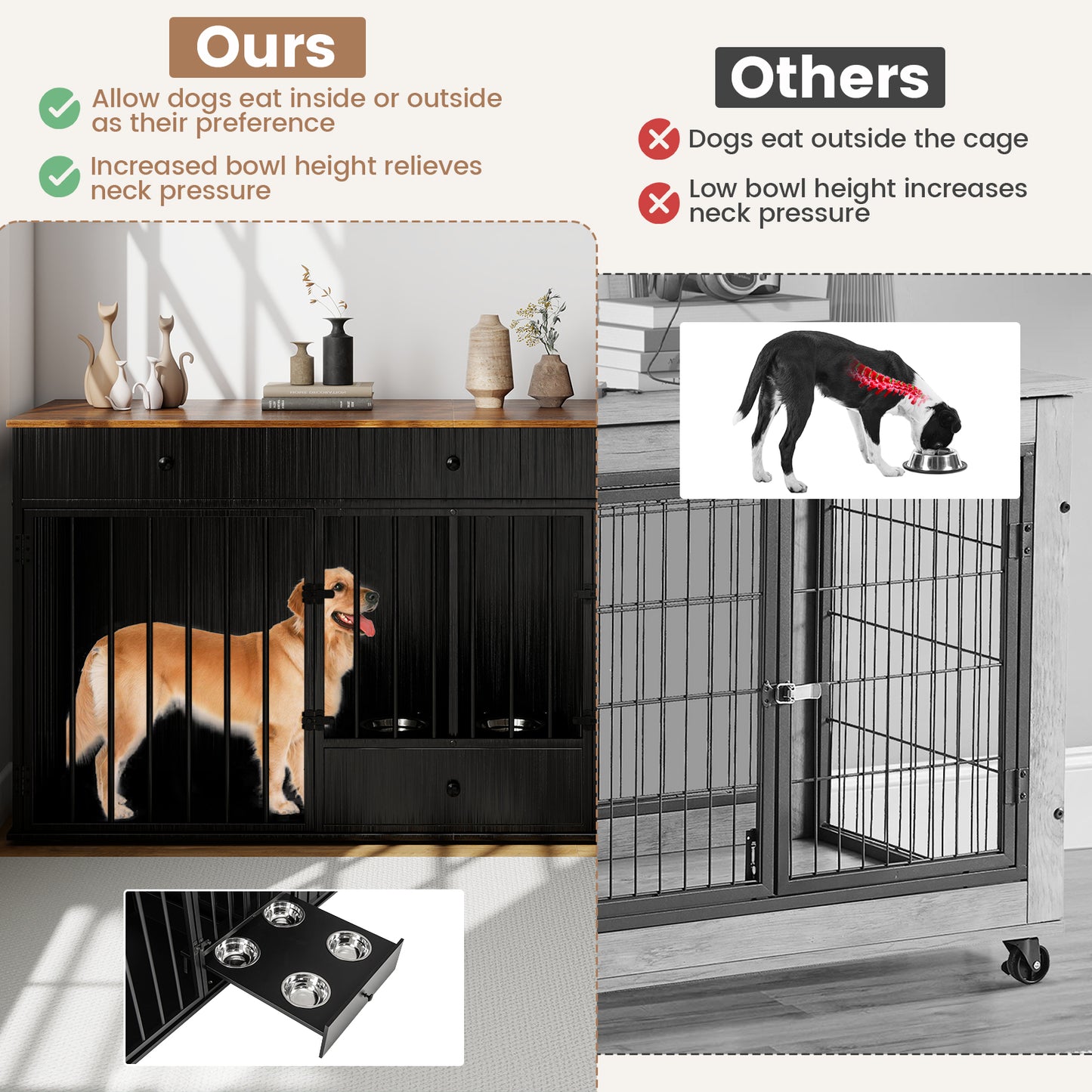 Modern Indoor Dog Crate Furniture, 3 Drawers, Pull-Out Feeder, Black Dog Kennels at Gallery Canada
