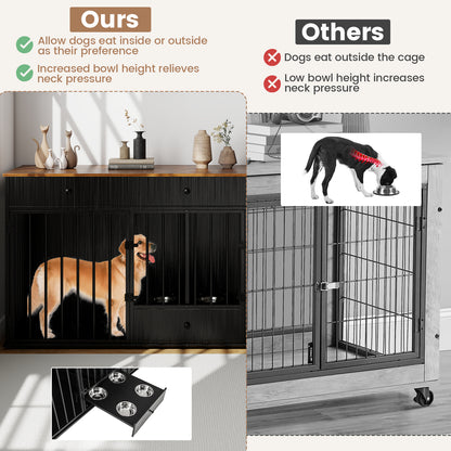 Modern Indoor Dog Crate Furniture, 3 Drawers, Pull-Out Feeder, Black Dog Kennels at Gallery Canada
