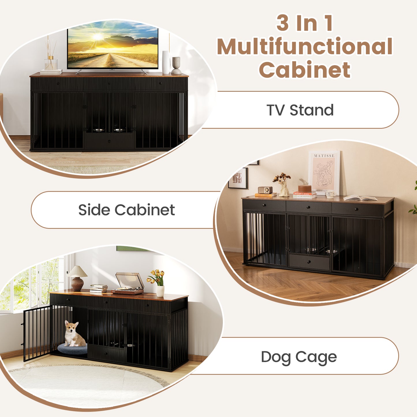 Modern Indoor Dog Crate Furniture, 3 Drawers, Pull-Out Feeder, Black Dog Kennels at Gallery Canada