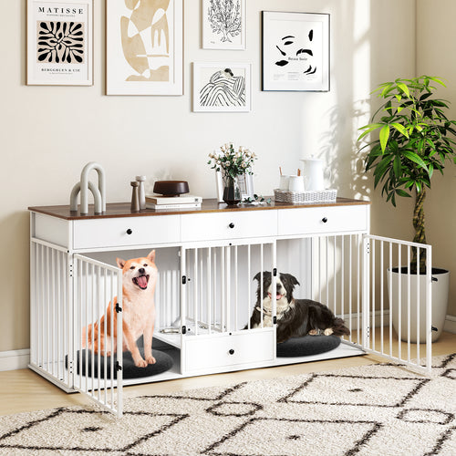 Modern Dog Crate Furniture, 3 Drawers With Pull-Out Feeder, White