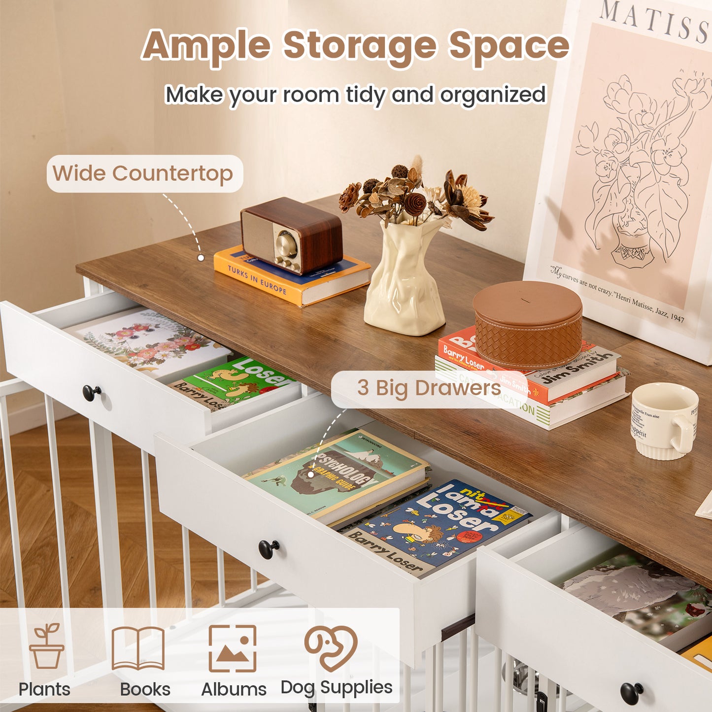 Modern Dog Crate Furniture, 3 Drawers With Pull-Out Feeder, White Dog Kennels at Gallery Canada