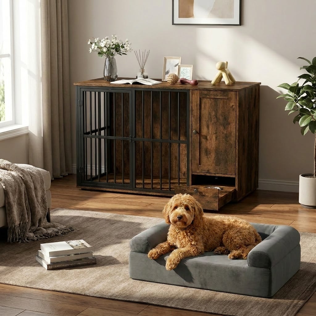 Dog Crate Furniture & Cooling Gel Dog Bed for Small and Medium Dogs, Brown