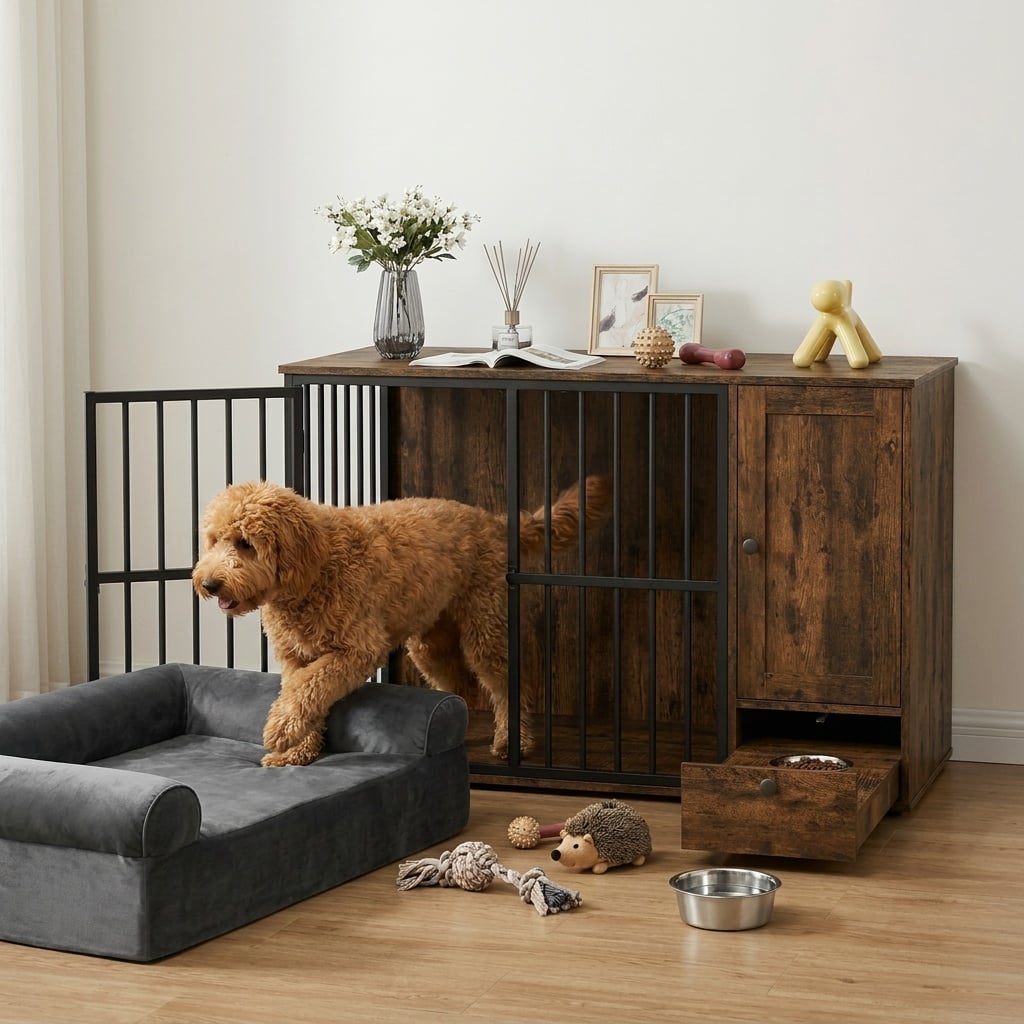 Dog Crate Furniture & Cooling Gel Dog Bed for Small and Medium Dogs, Brown