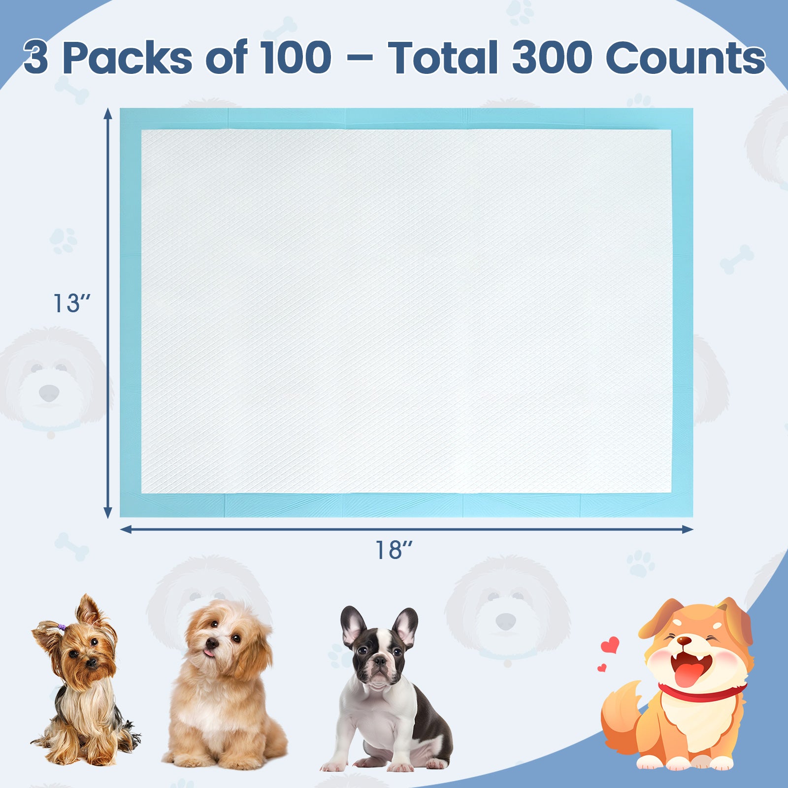 Dog and Puppy Pee Pads 18" x 13" (300 Counts) for Potty Training, Blue Dog Supplies at Gallery Canada