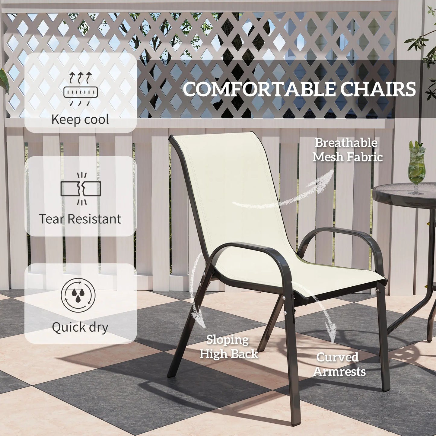 3 Piece Bistro Set, Stackable Mesh Chairs, Glass Table, Beige Bistro Sets at Gallery Canada