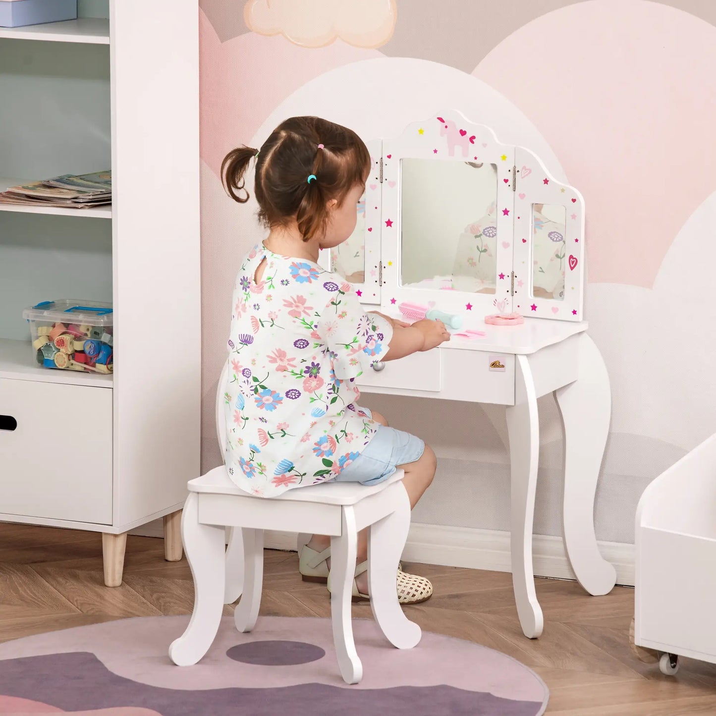 Kids Vanity Table and Stool, Makeup Set with Tri-Folding Mirrors, White Kids Bedroom Furniture at Gallery Canada