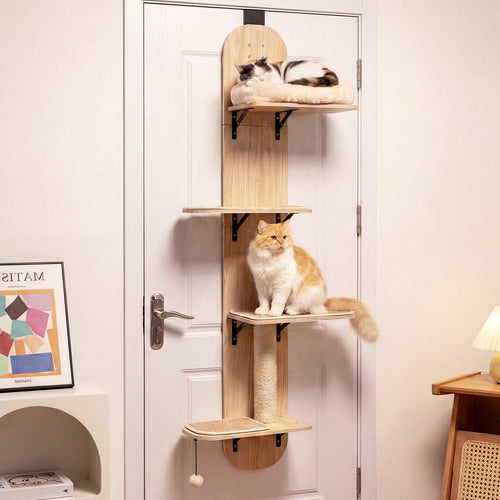 Door Hanging Cat Climber 4-level Height Adjustable with Plush Bed, Beige