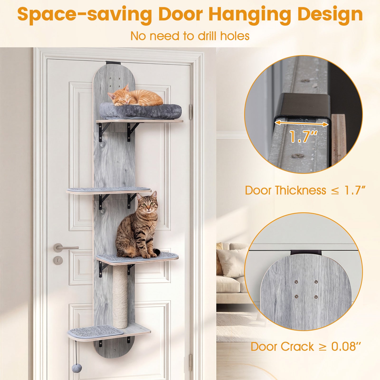 Door Hanging Cat Climber 4-level Height Adjustable with Plush Bed, Gray Cat Trees Condos & Scratchers at Gallery Canada