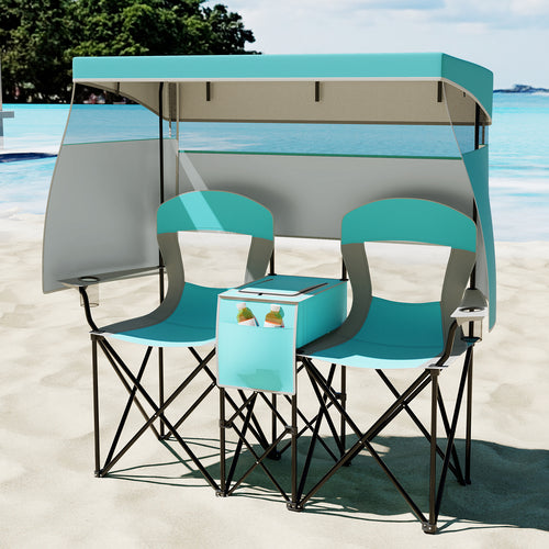 Double Beach Chair with Adjustable Canopy and 3 -Side Shading Curtains, Turquoise