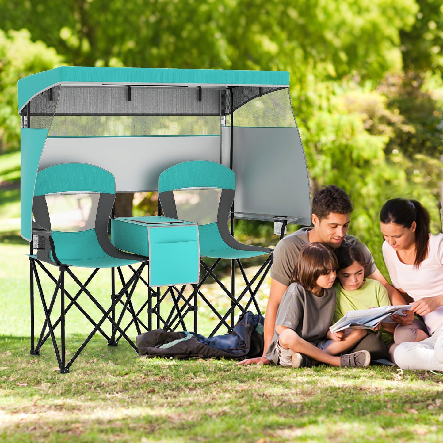 Double Beach Chair with Adjustable Canopy and 3 -Side Shading Curtains, Turquoise Beach & Lawn Chairs at Gallery Canada