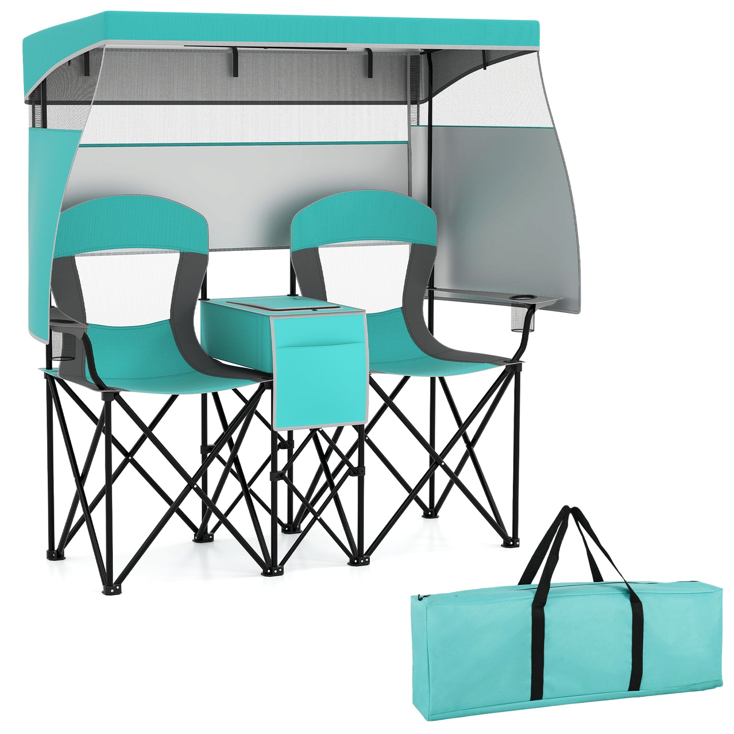 Double Beach Chair, Adjustable Canopy, 3-Side Shading Curtains, Turquoise Beach & Lawn Chairs at Gallery Canada