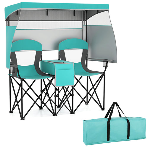 Double Beach Chair with Adjustable Canopy and 3 -Side Shading Curtains, Turquoise