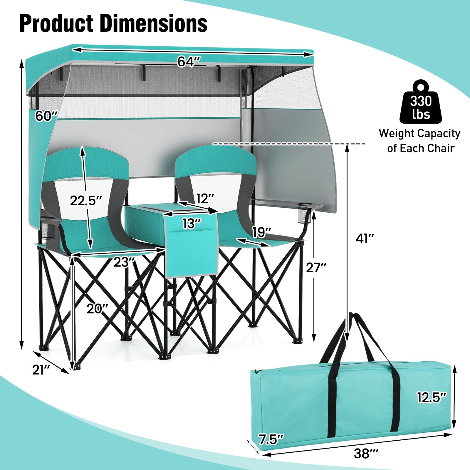 Double Beach Chair with Adjustable Canopy and 3 -Side Shading Curtains, Turquoise Beach & Lawn Chairs at Gallery Canada