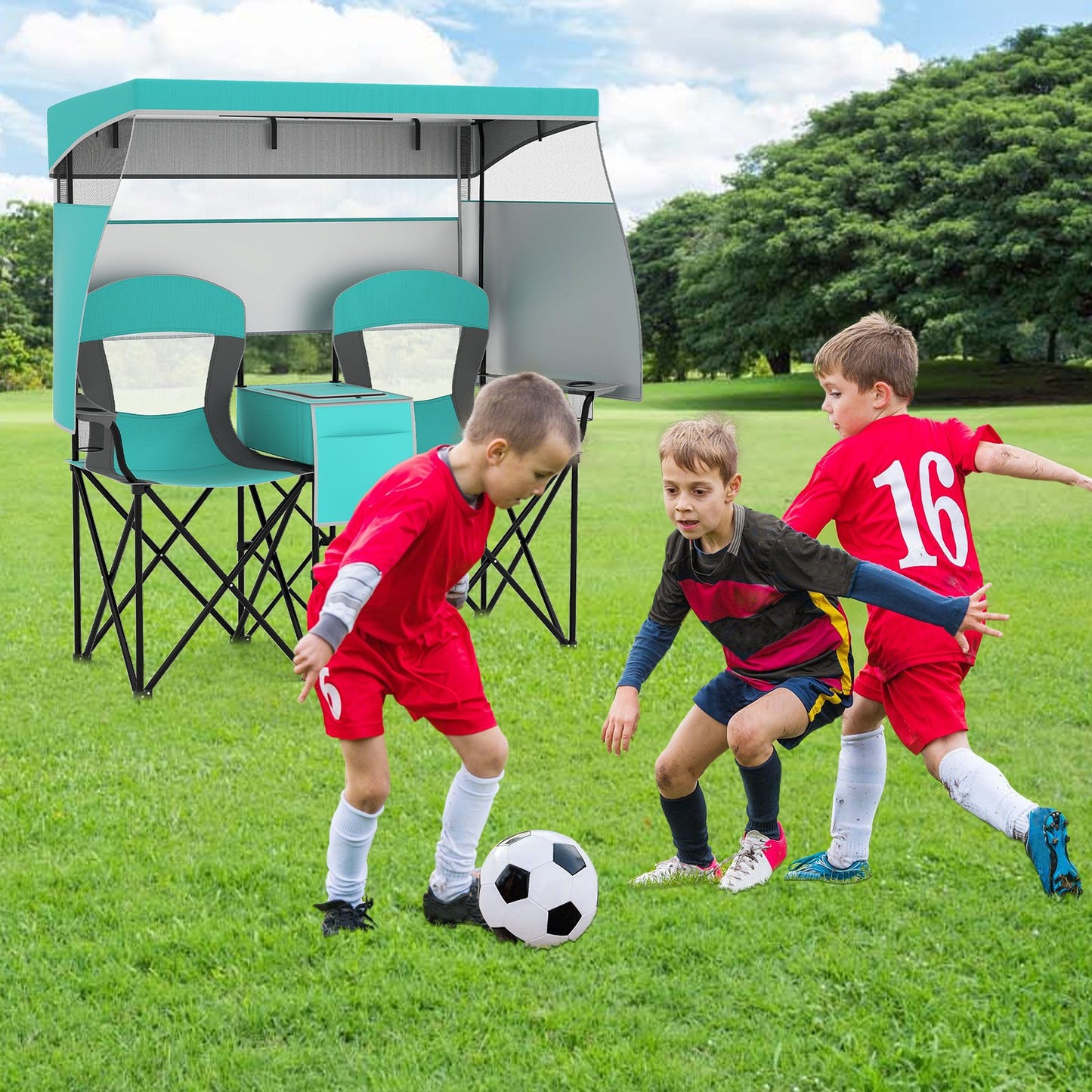 Double Beach Chair with Adjustable Canopy and 3 -Side Shading Curtains, Turquoise Beach & Lawn Chairs at Gallery Canada