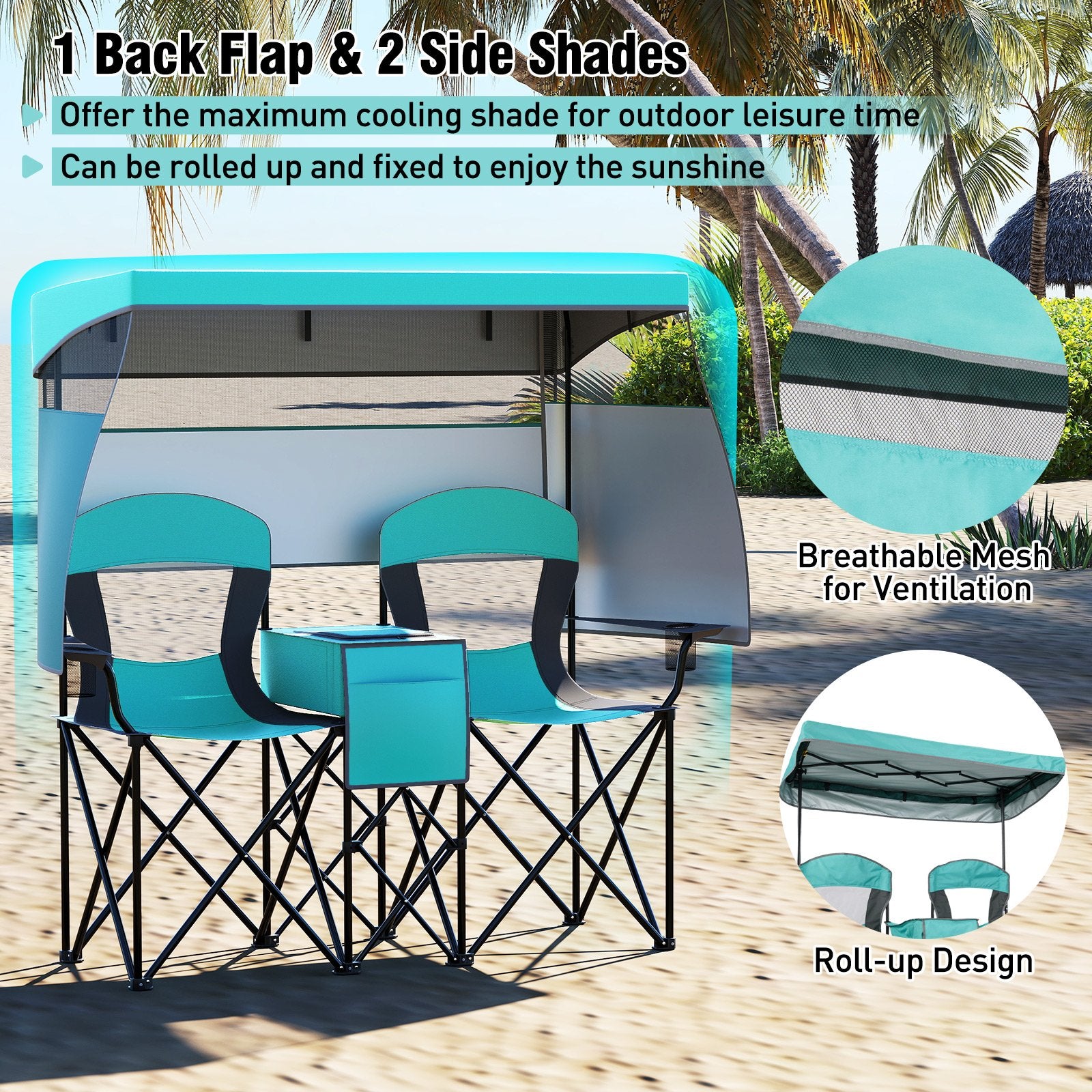 Double Beach Chair with Adjustable Canopy and 3 -Side Shading Curtains, Turquoise Beach & Lawn Chairs at Gallery Canada