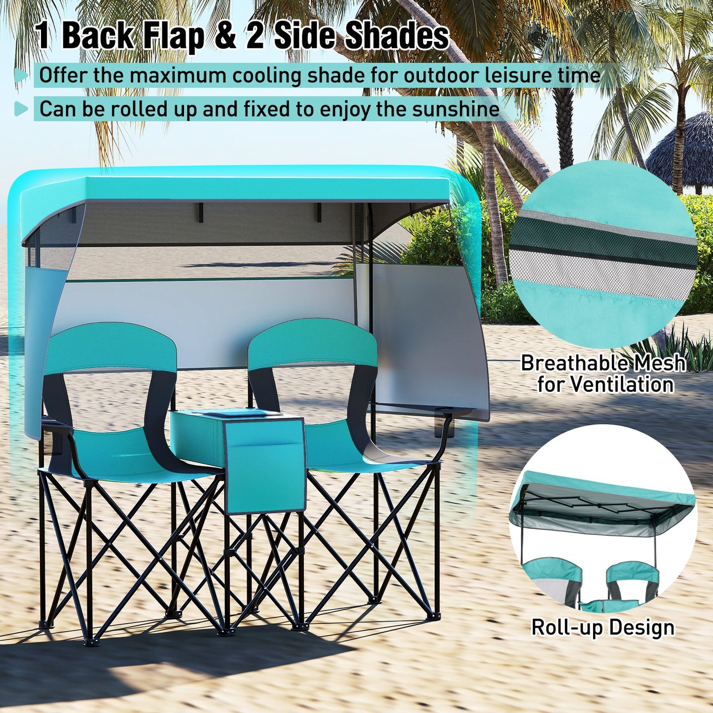 Double Beach Chair with Adjustable Canopy and 3 -Side Shading Curtains, Turquoise Beach & Lawn Chairs at Gallery Canada