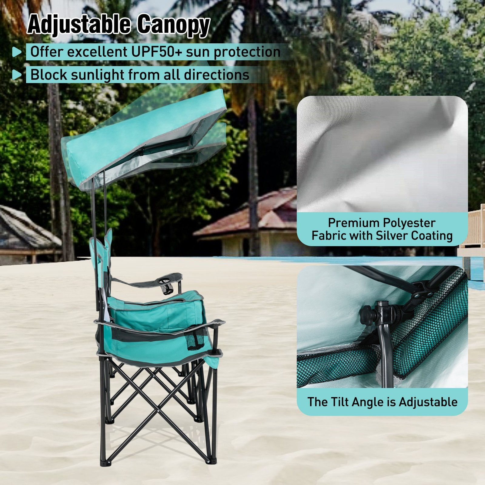Double Beach Chair with Adjustable Canopy and 3 -Side Shading Curtains, Turquoise Beach & Lawn Chairs at Gallery Canada