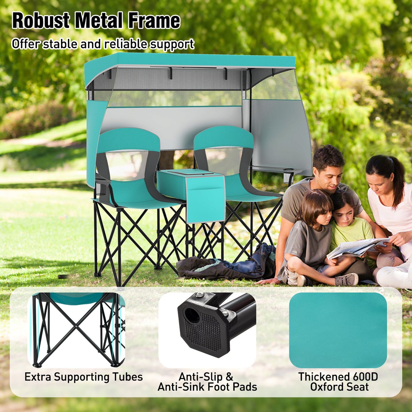 Double Beach Chair with Adjustable Canopy and 3 -Side Shading Curtains, Turquoise Beach & Lawn Chairs at Gallery Canada